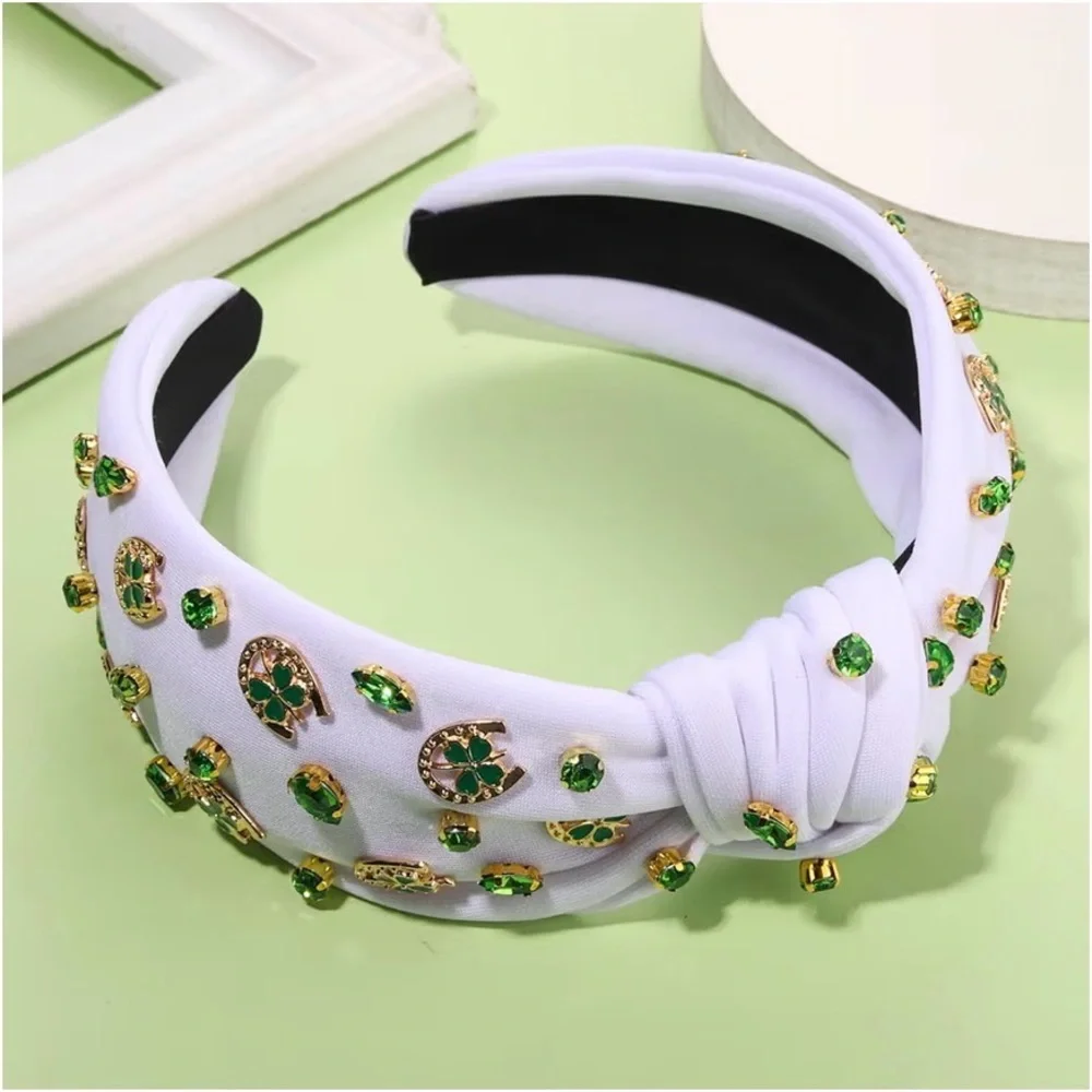 NWT White Knotted Headband with Green Gem Shamrock Horseshoe Accents